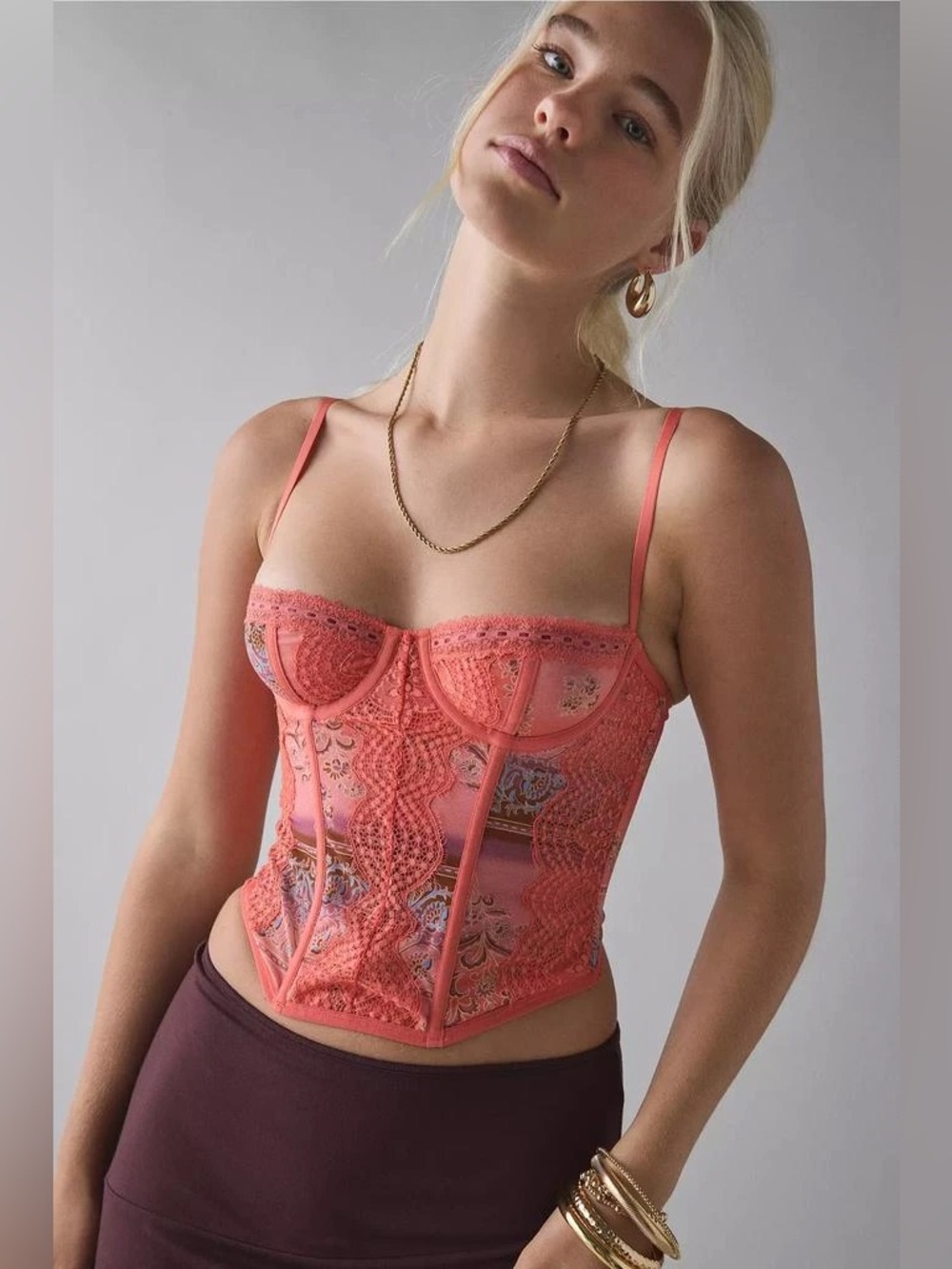 Out From Under Aura Lace-Trim Mesh Corset Top Coral Lace Bustier CorsetIntimates